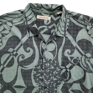 Tommy Bahama Shirt Men 2XL Blue Gray 100% Silk Geometric Hawaiian Camp Button Up